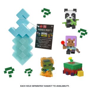 Minecraft mini figūrėlė siurprizas – deimantinio kardo formos indas su etikete ir serijos veikėjų pavyzdžiai