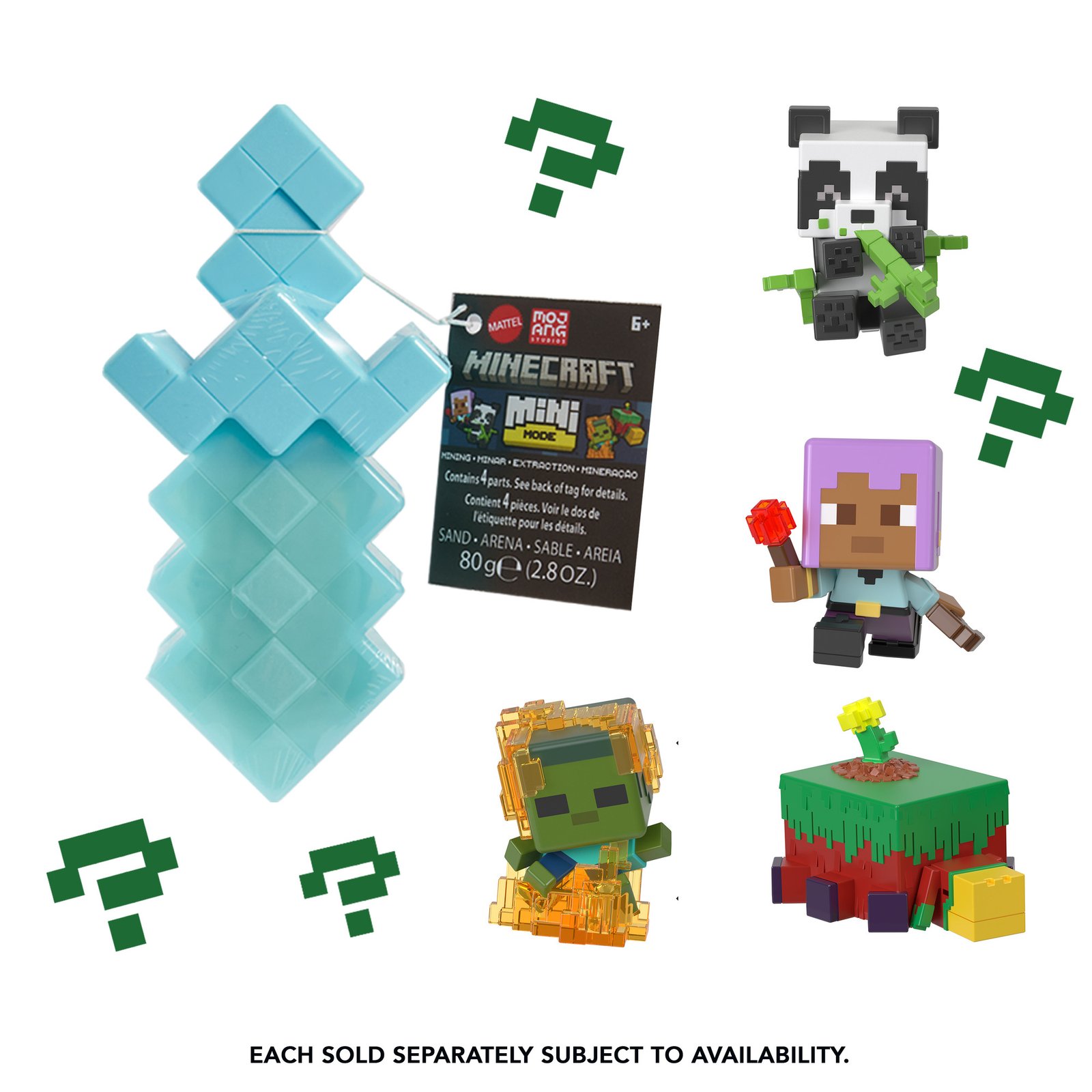 Minecraft mini figūrėlė siurprizas – deimantinio kardo formos indas su etikete ir serijos veikėjų pavyzdžiai