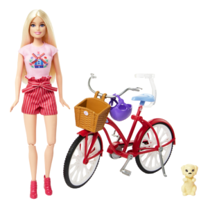 Barbie lėlė su dviračiu – raudonas dviratis su krepšeliu, violetinis šalmas ir šuniukas