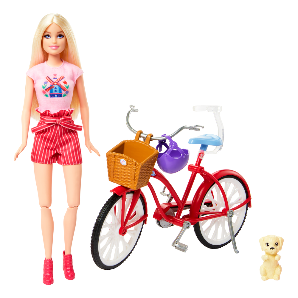 Barbie lėlė su dviračiu – raudonas dviratis su krepšeliu, violetinis šalmas ir šuniukas