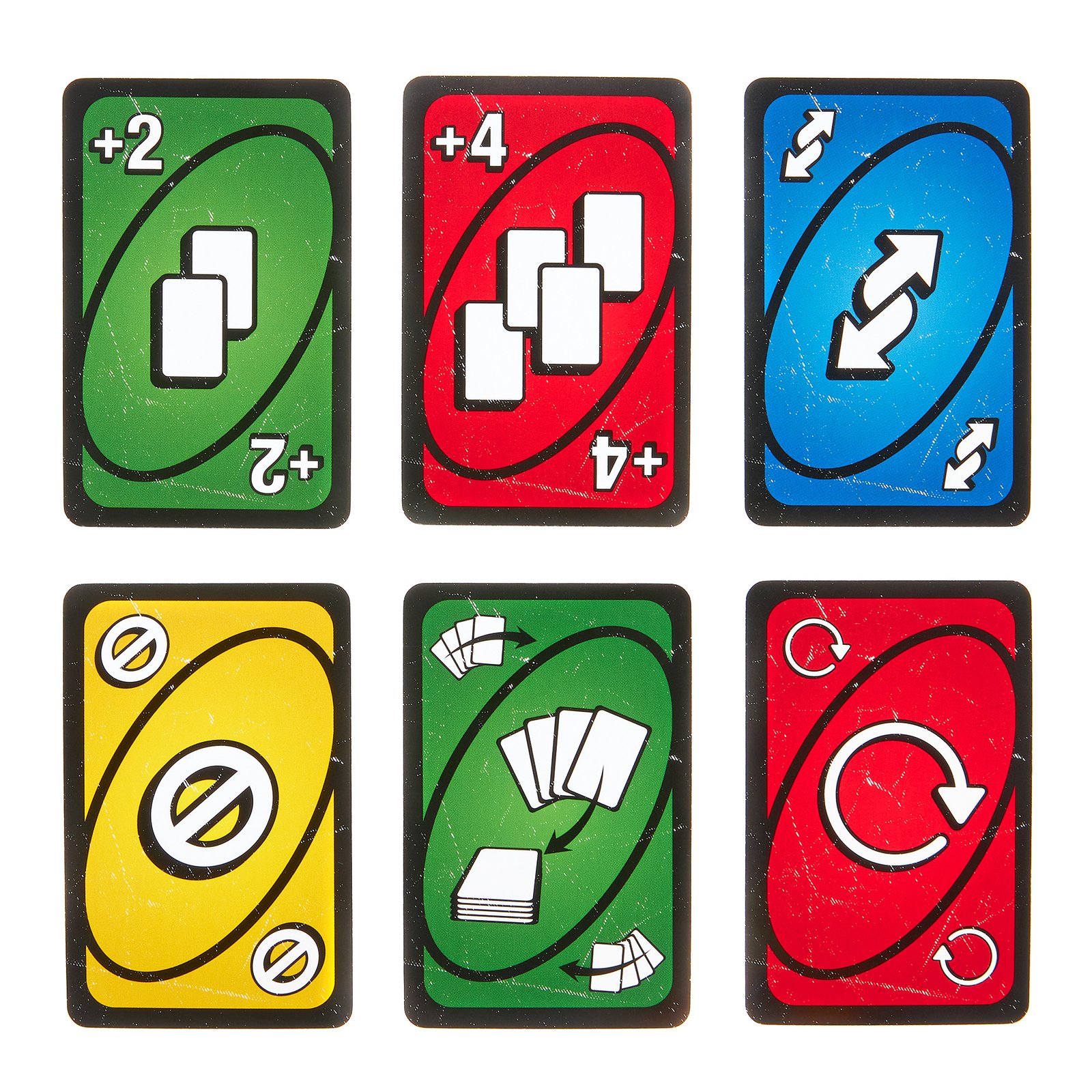 Šešios spalvotos veiksmo kortos: +2, +4, krypties keitimo, praleidimo ir kitos