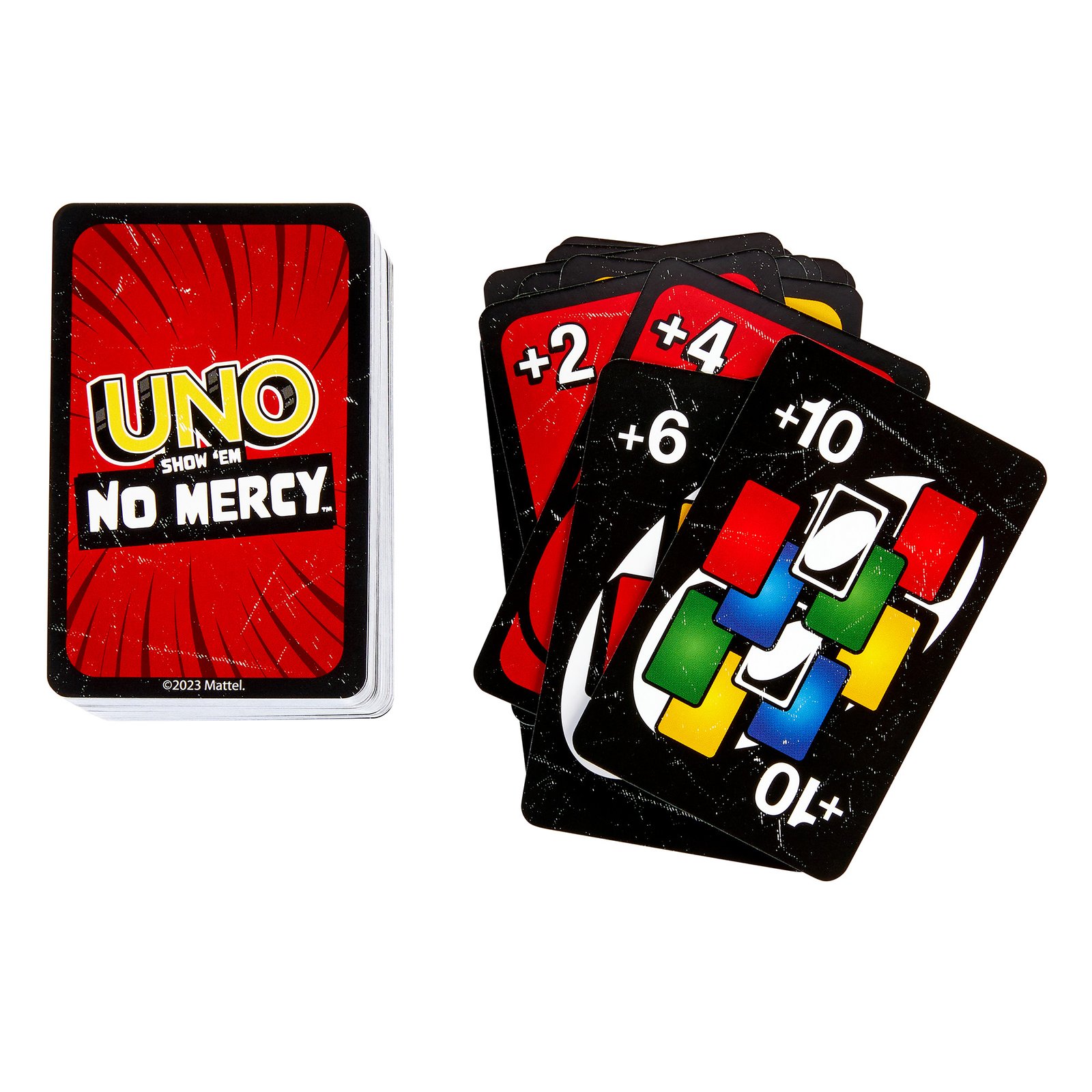 No Mercy kaladė ir išskleistos baudų kortos +2, +4, +6 bei +10