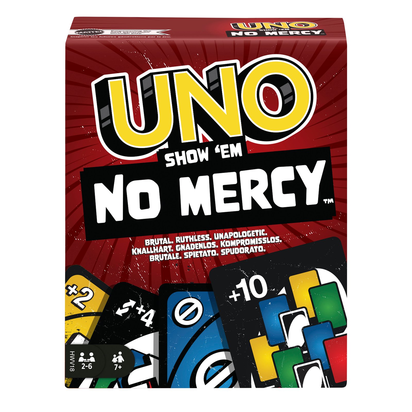 UNO Show 'Em No Mercy dėžutė iš priekio su žymėjimu 2–6 žaidėjų ir 7+