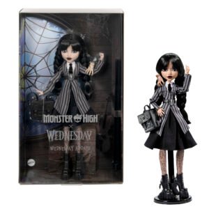 Monster High Wednesday lėlė Wednesday Addams prie dėžutės su voratinklio langu