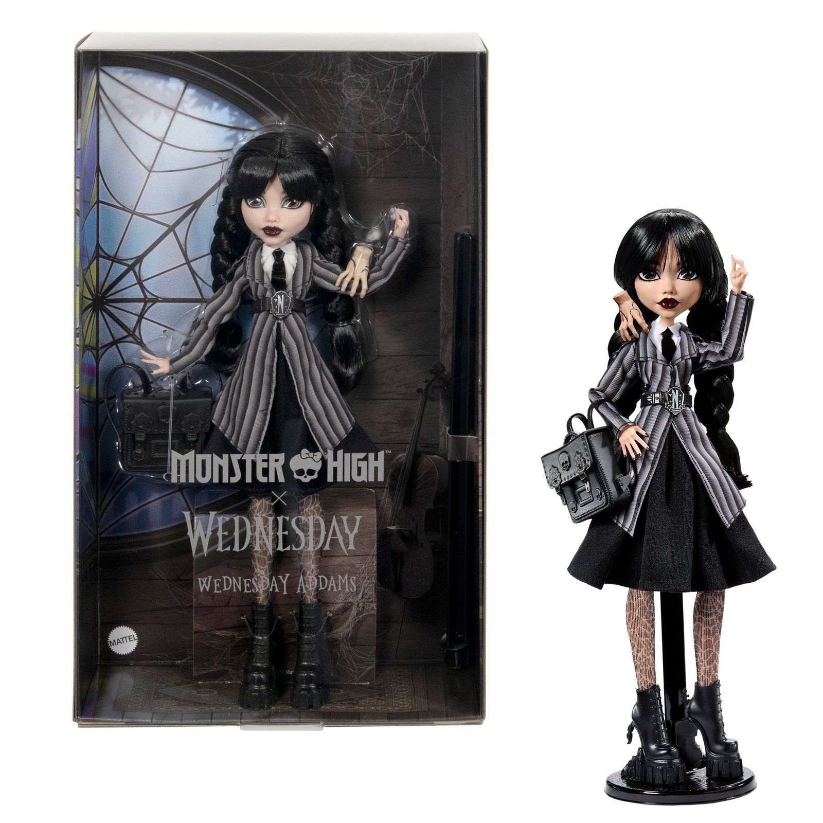 Monster High Wednesday lėlė Wednesday Addams prie dėžutės su voratinklio langu