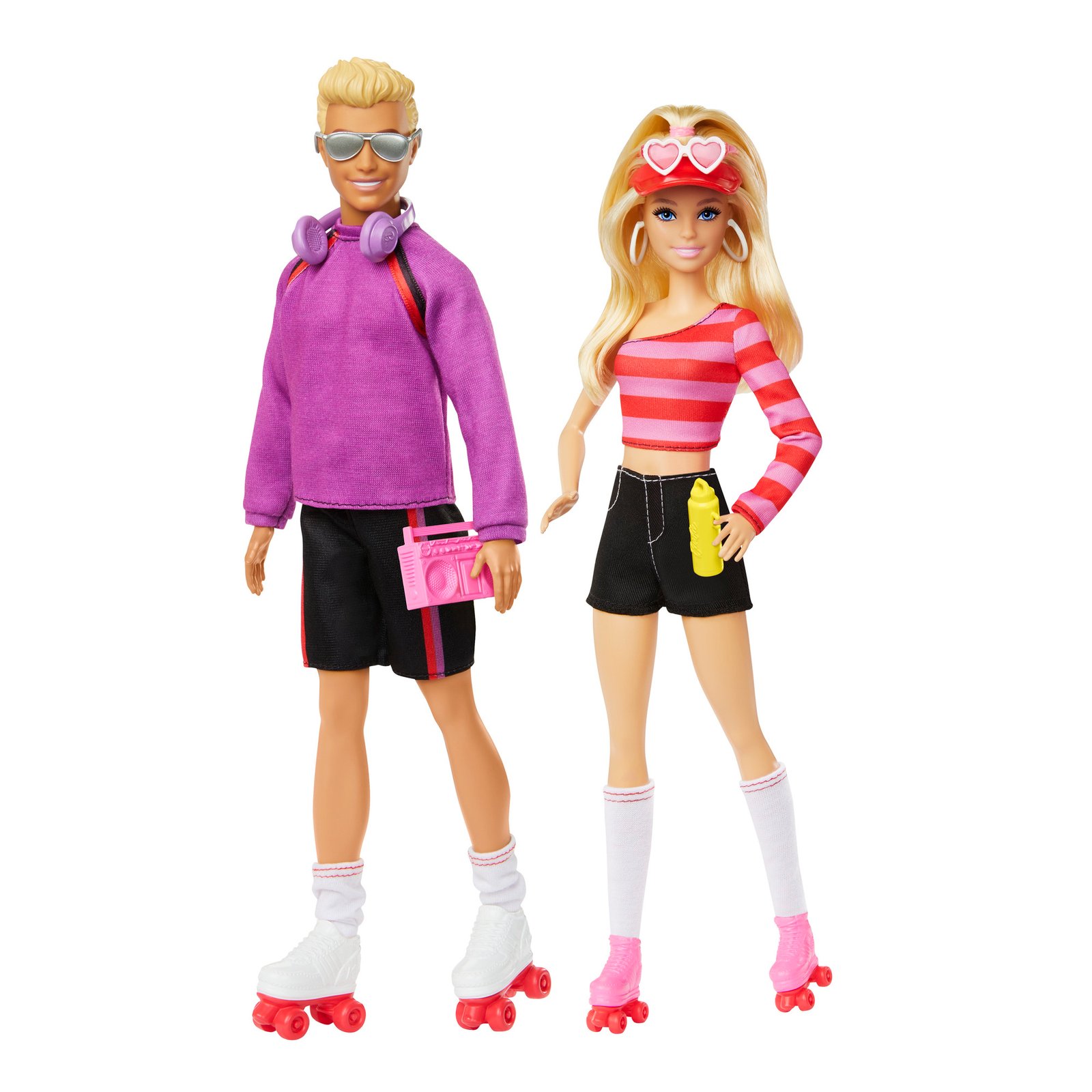 Šviesiaplaukiai Barbie ir Kenas riedučiais su skydeliu, ausinėmis ir magnetola