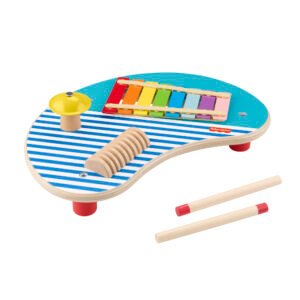 Fisher-Price medinis muzikinis staliukas su ksilofonu, lėkštele, gvyru ir dviem lazdelėmis