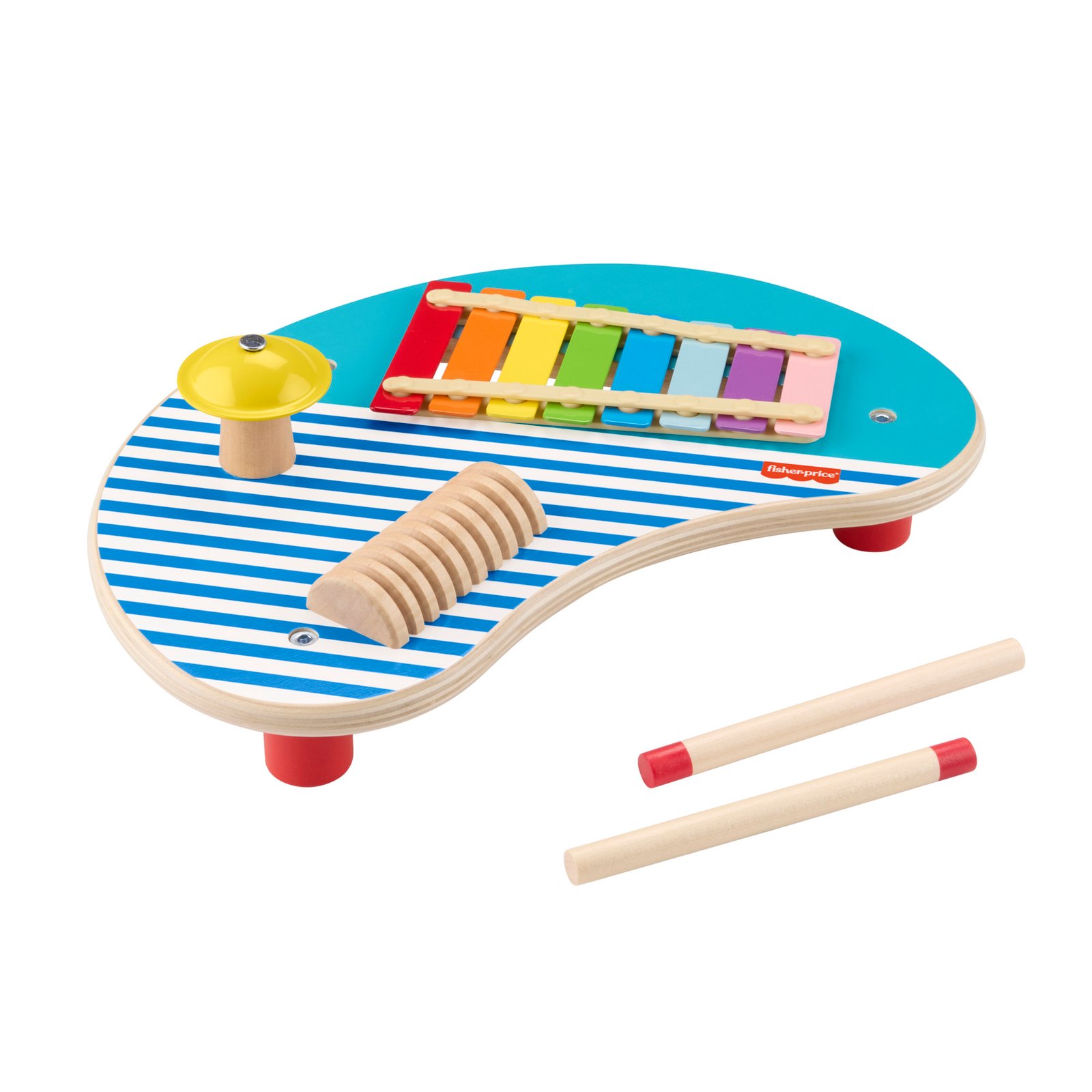 Fisher-Price medinis muzikinis staliukas su ksilofonu, lėkštele, gvyru ir dviem lazdelėmis