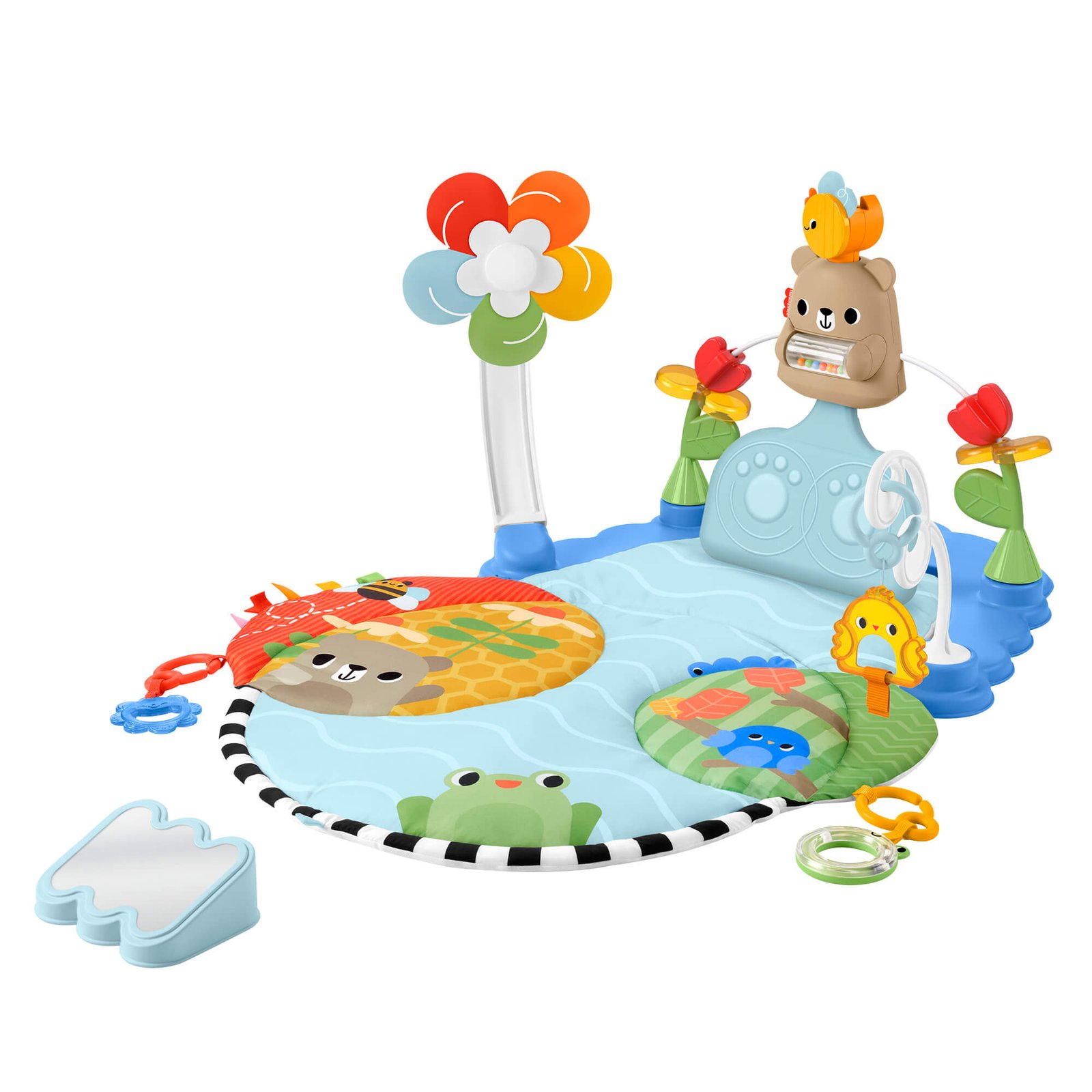 Fisher-Price veiklos kilimėlis su gėlės mobiliu, meškiuku, tulpėmis ir veidrodėliu