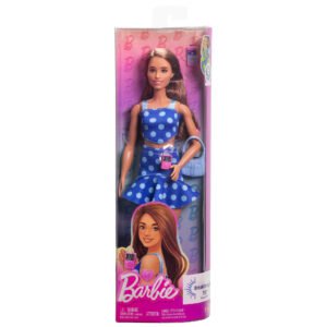 Barbie lėlė su 1 tipo diabetu Fashionistas pakuotėje su Breakthrough T1D ženklu