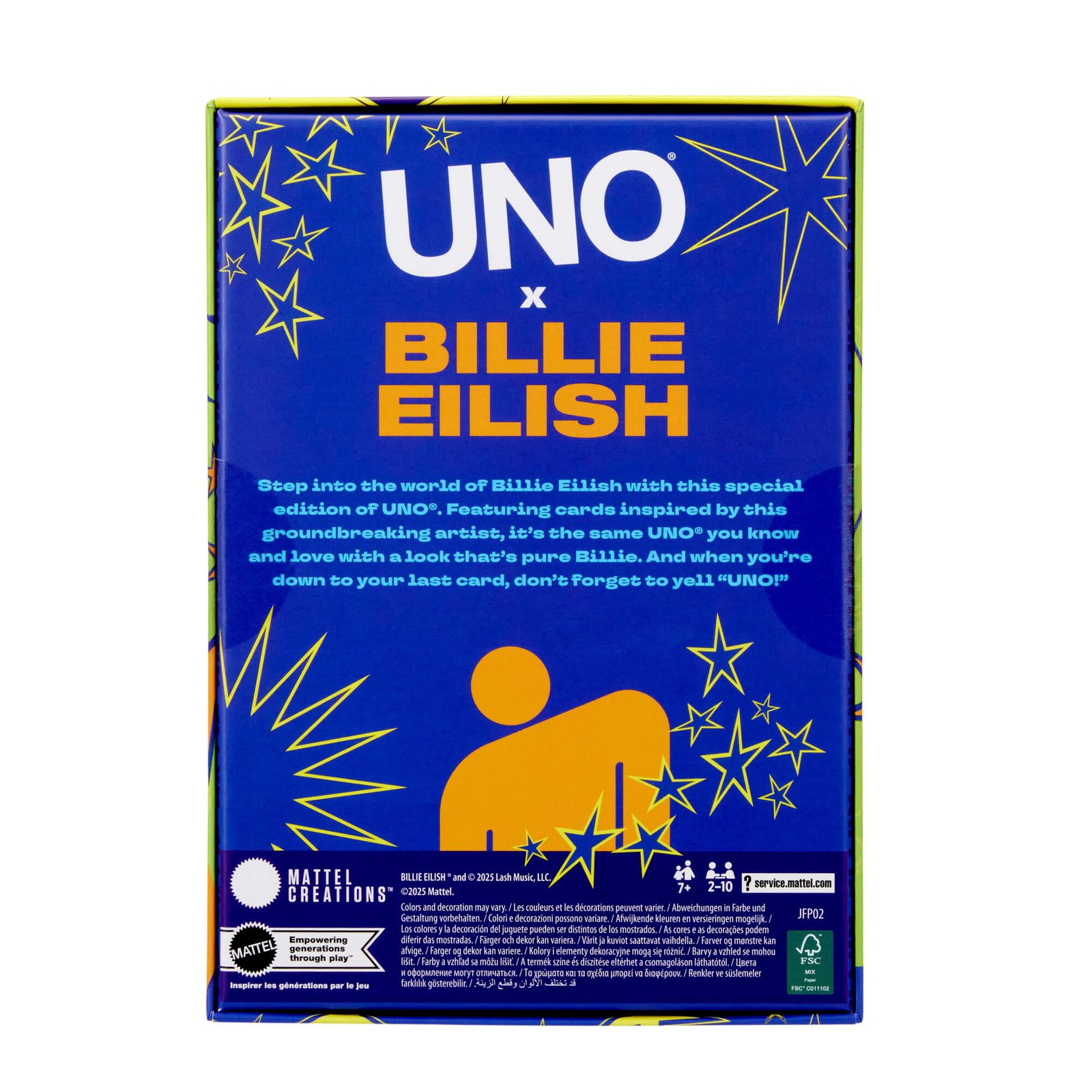 Pakuotės galinė pusė su užrašu „UNO x Billie Eilish“ ir oranžine figūrėle