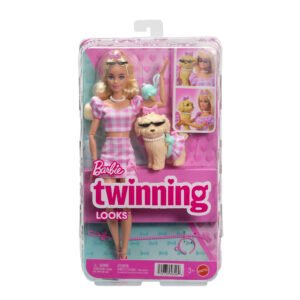 Barbie Twinning Looks šviesiaplaukė – pakuotė su lėle ir šuniuku rožiniais langeliais