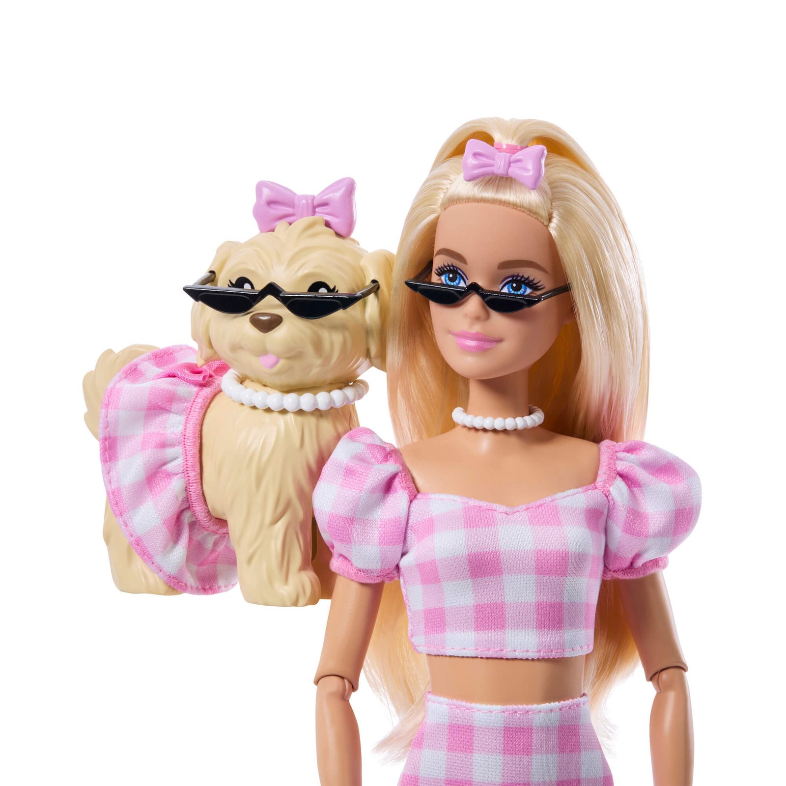 Barbie ir šuniukas su vienodais juodais saulės akiniais ir perlų vėriniais