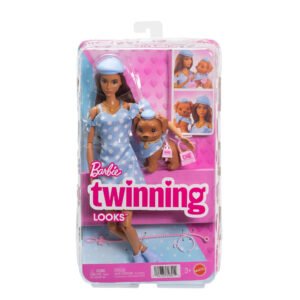 Barbie Twinning Looks tamsiaplaukė – pakuotė su lėle ir rudu šuniuku mėlynais drabužiais