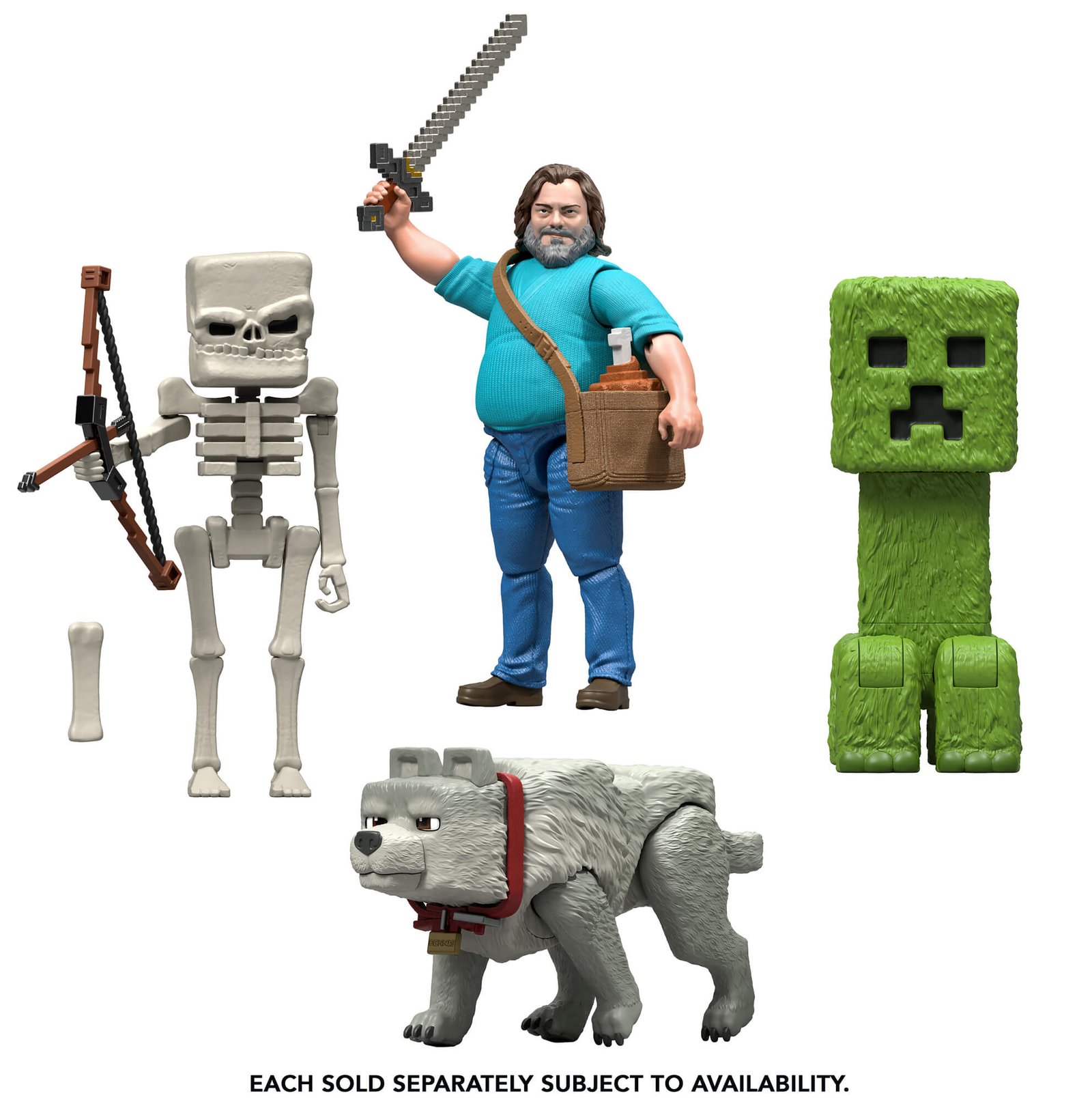 Minecraft filmo figūrėlė – serijos veikėjai Skeleton, Steve, Creeper ir vilkas Dennis su priedais