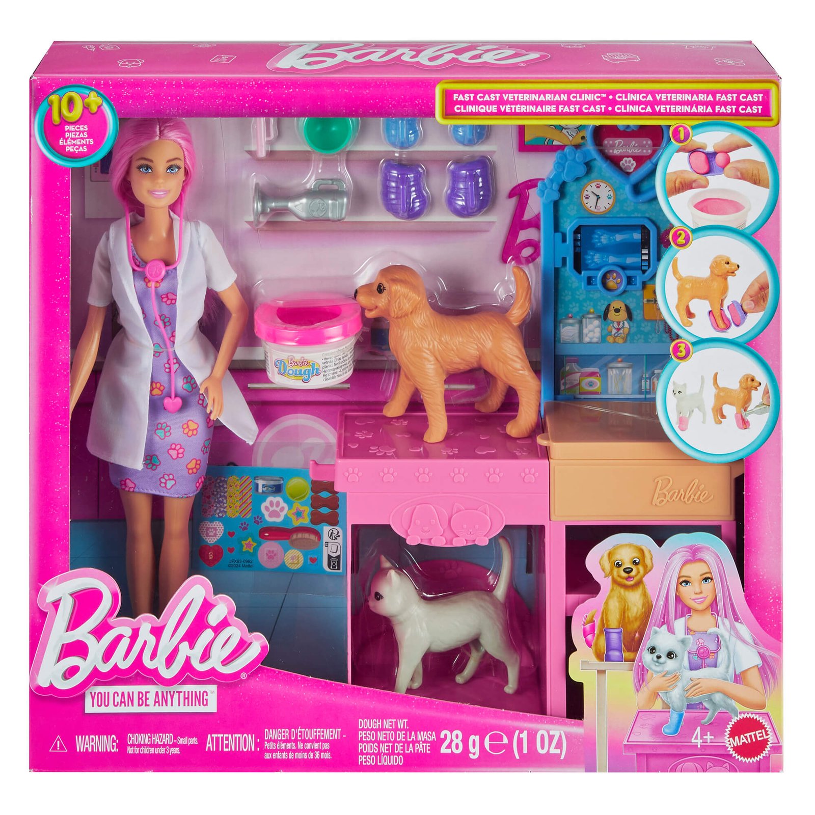 Barbie lėlė veterinarė – „Fast Cast Veterinarian Clinic“ dėžutė su šuniuku ir katyte