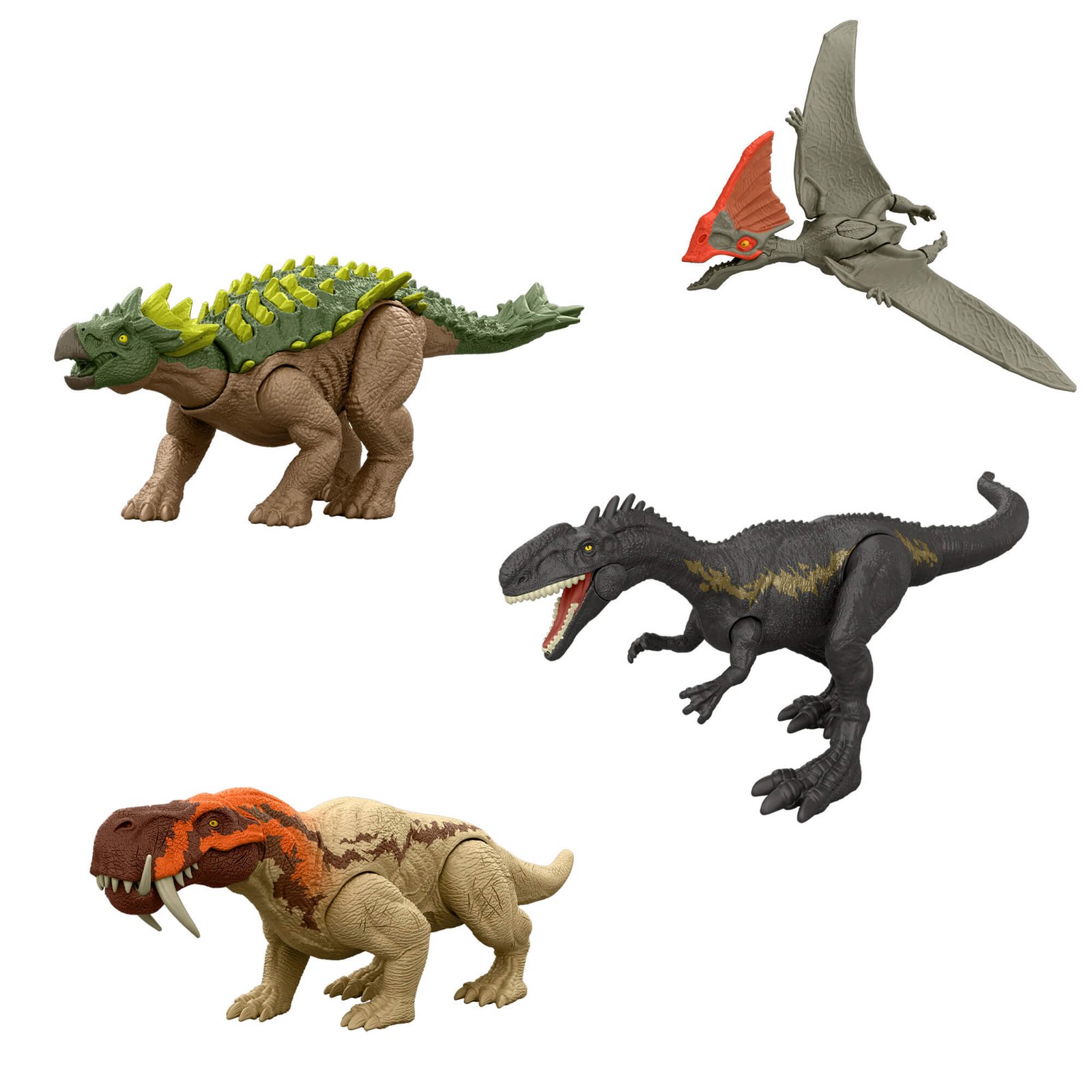Yuxisaurus, Tapejara, Monolophosaurus ir Inostrancevia šalia vienas kito