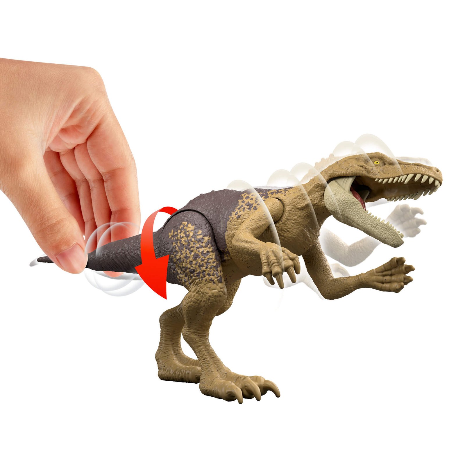 Pasukus Herrerasaurus uodegą, dinozauras atveria nasrus
