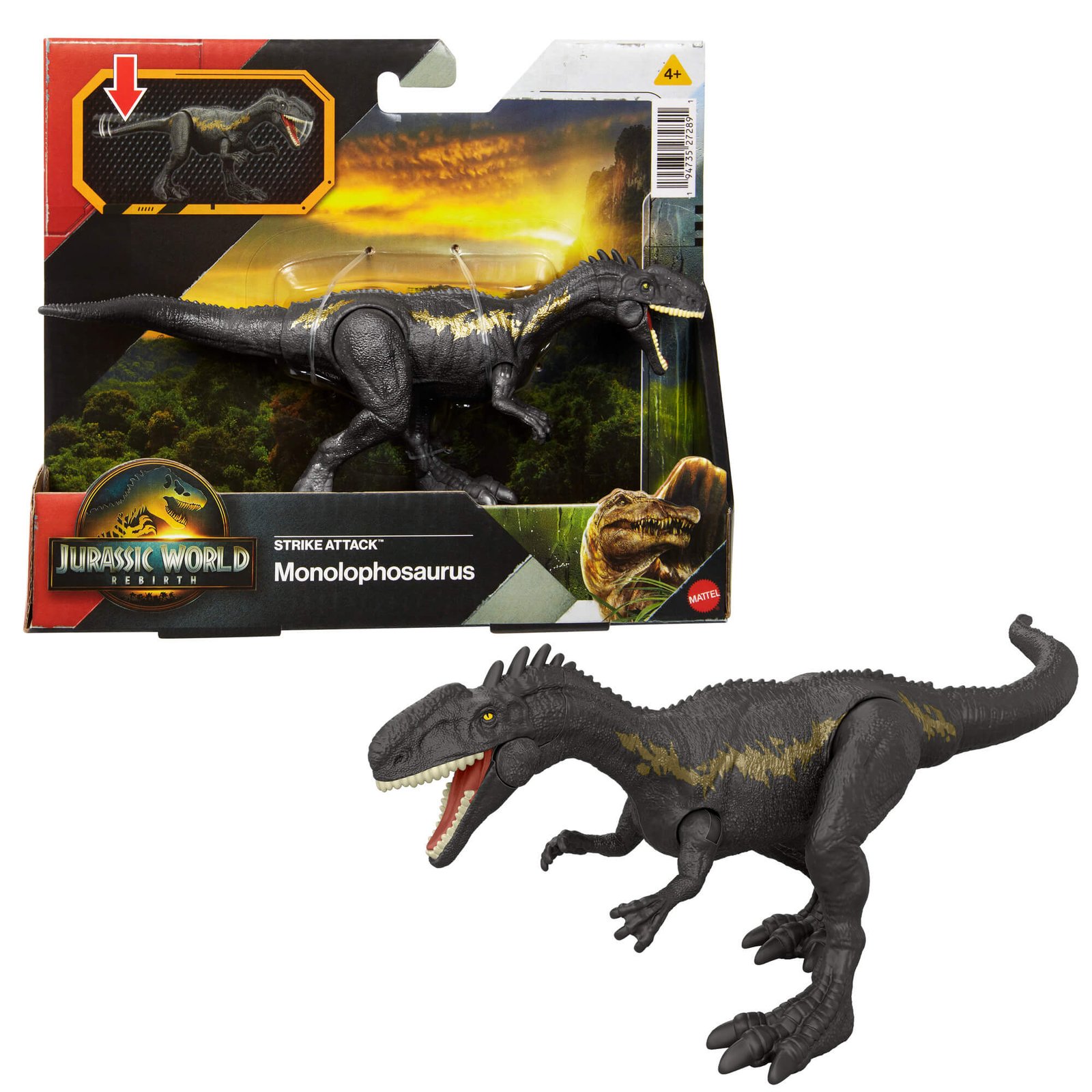 Monolophosaurus figūrėlė šalia savo pakuotės