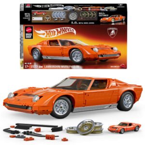 Mattel Brick Shop Lamborghini Miura – pakuotė, oranžinis 1:12 modelis ir papildomos detalės