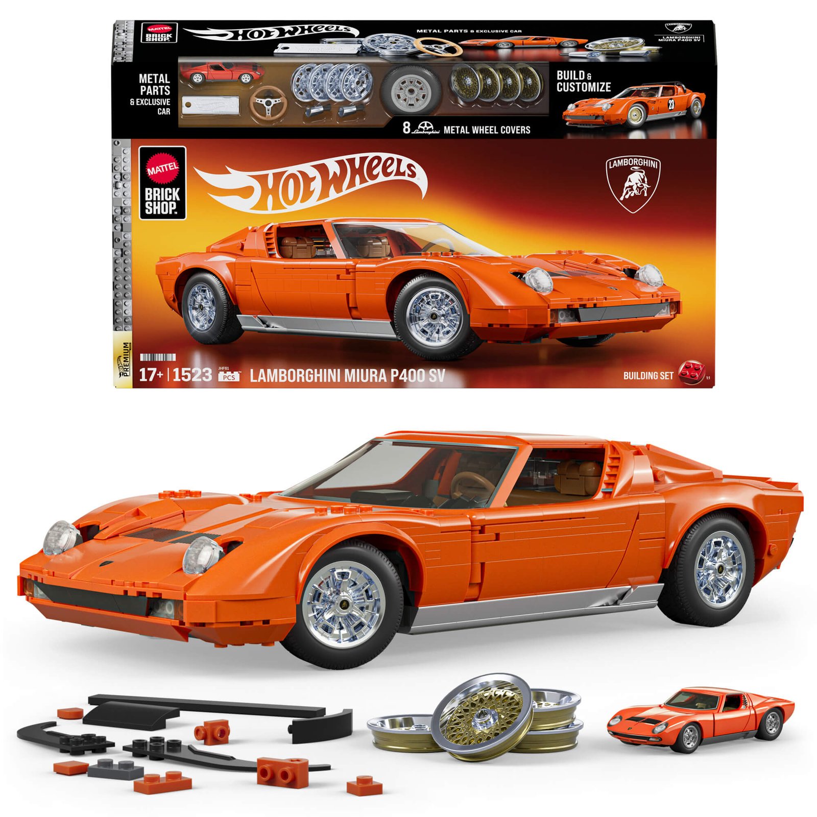 Mattel Brick Shop Lamborghini Miura – pakuotė, oranžinis 1:12 modelis ir papildomos detalės