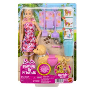Barbie Walk and Potty – Family & Friends pakuotė su lėle Malibu ir šuniuku