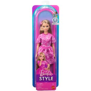 Barbie madistė šviesiais plaukais „Barbie Style“ pakuotėje – rožinė paisley rašto apranga