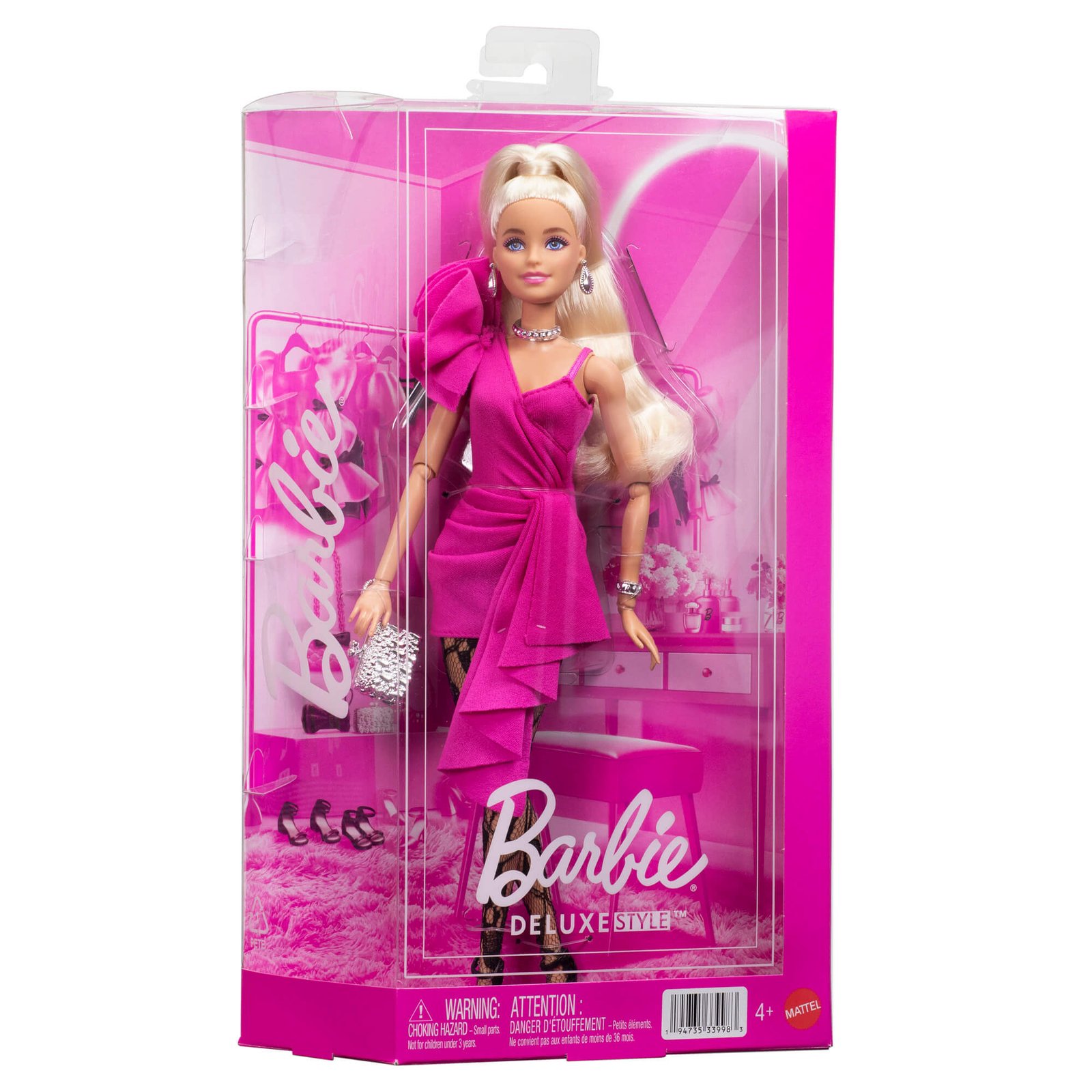 Barbie Deluxe madistė rožine suknele „Deluxe Style“ pakuotėje – šviesiaplaukė lėlė su sidabrine rankine