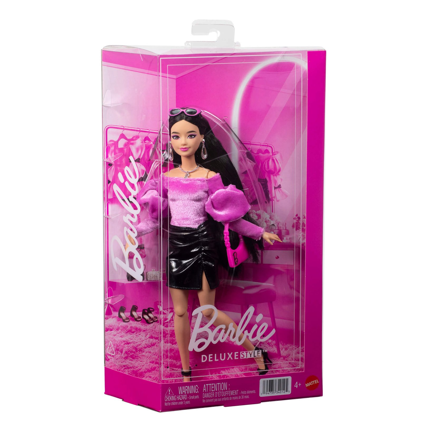 Barbie Deluxe madistė rožine palaidine „Deluxe Style“ pakuotėje – juodaplaukė lėlė juodu sijonu