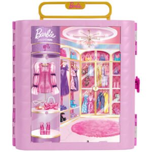 Barbie Deluxe spinta uždaryta – rožinė nešiojama spinta su geltona rankena ir „Deluxe Style“ užrašu