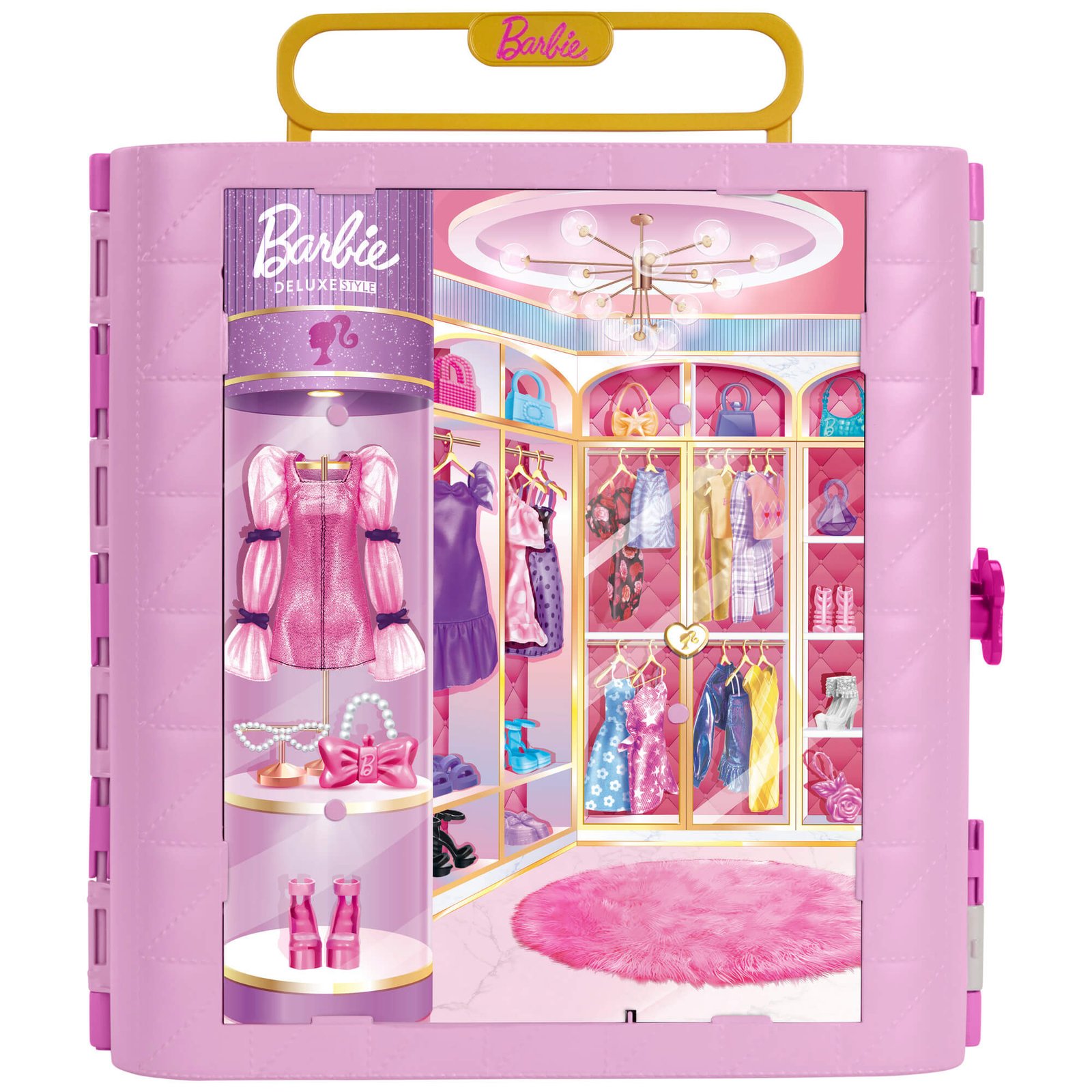 Barbie Deluxe spinta uždaryta – rožinė nešiojama spinta su geltona rankena ir „Deluxe Style“ užrašu