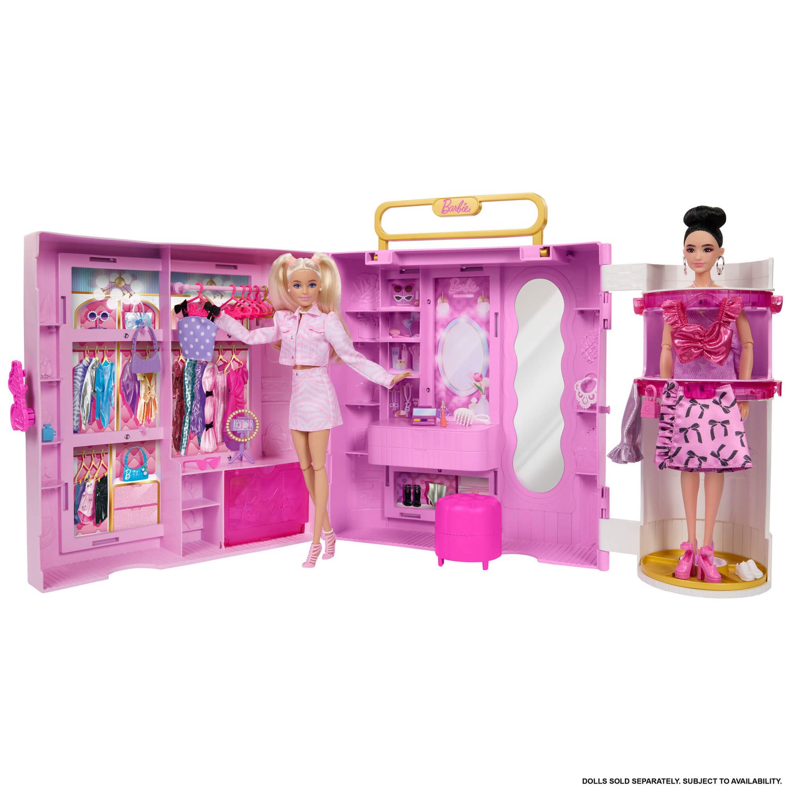 Išskleista spinta su dviem Barbie lėlėmis – lėlės parduodamos atskirai