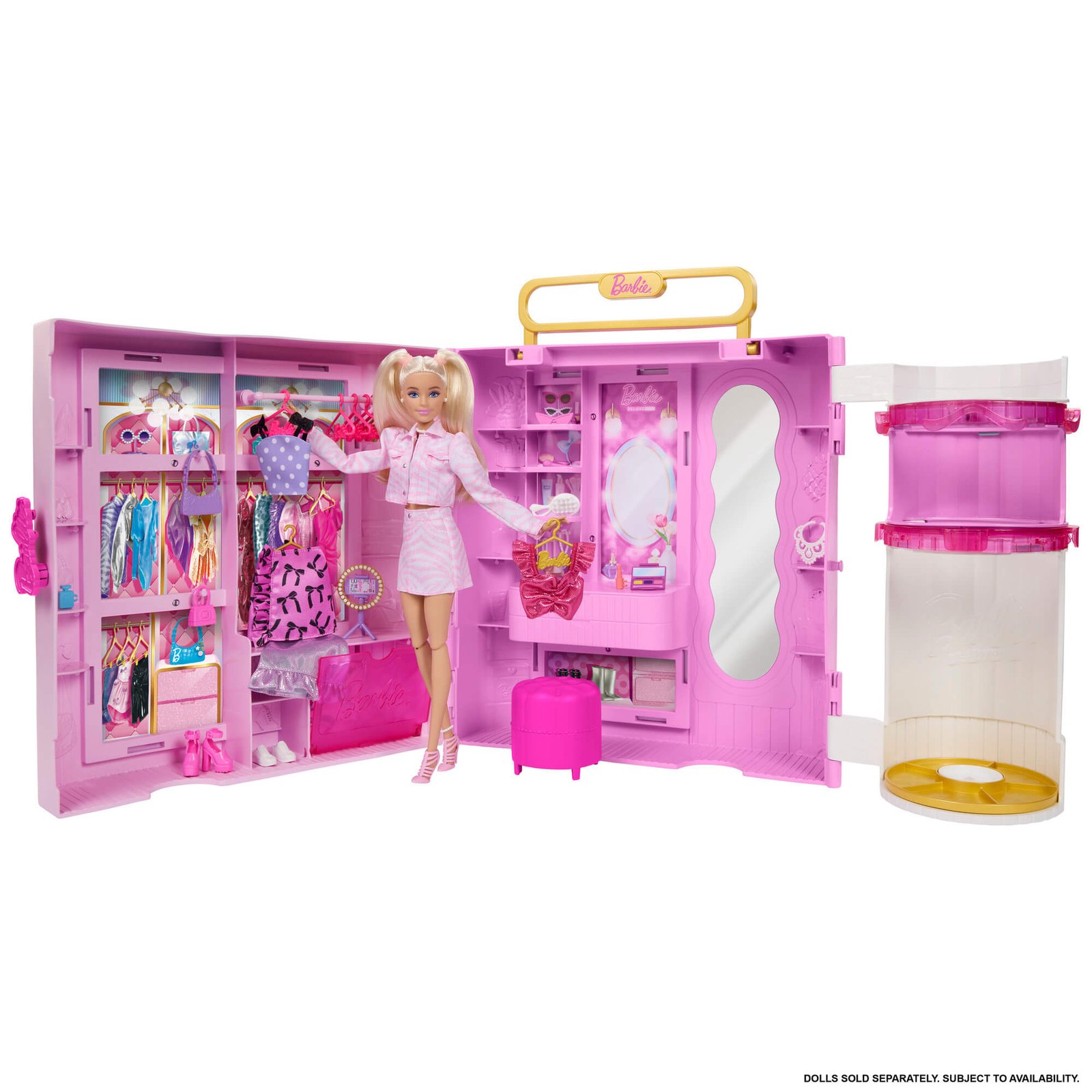 Barbie lėlė prie išskleistos spintos su tuščia persirengimo kabina – lėlė parduodama atskirai