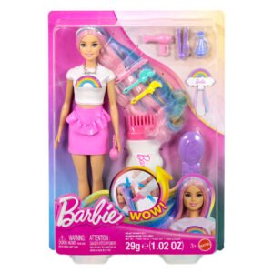Barbie Hair Play lėlė „Rainbow Sparkle“ pakuotėje su blizgučių šukomis ir priedais
