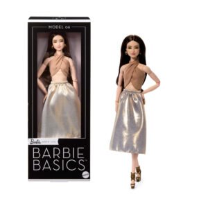 Barbie Basics lėlė Nr. 6 – dėžutė „Model 06“ ir brunetė auksiniu sijonu