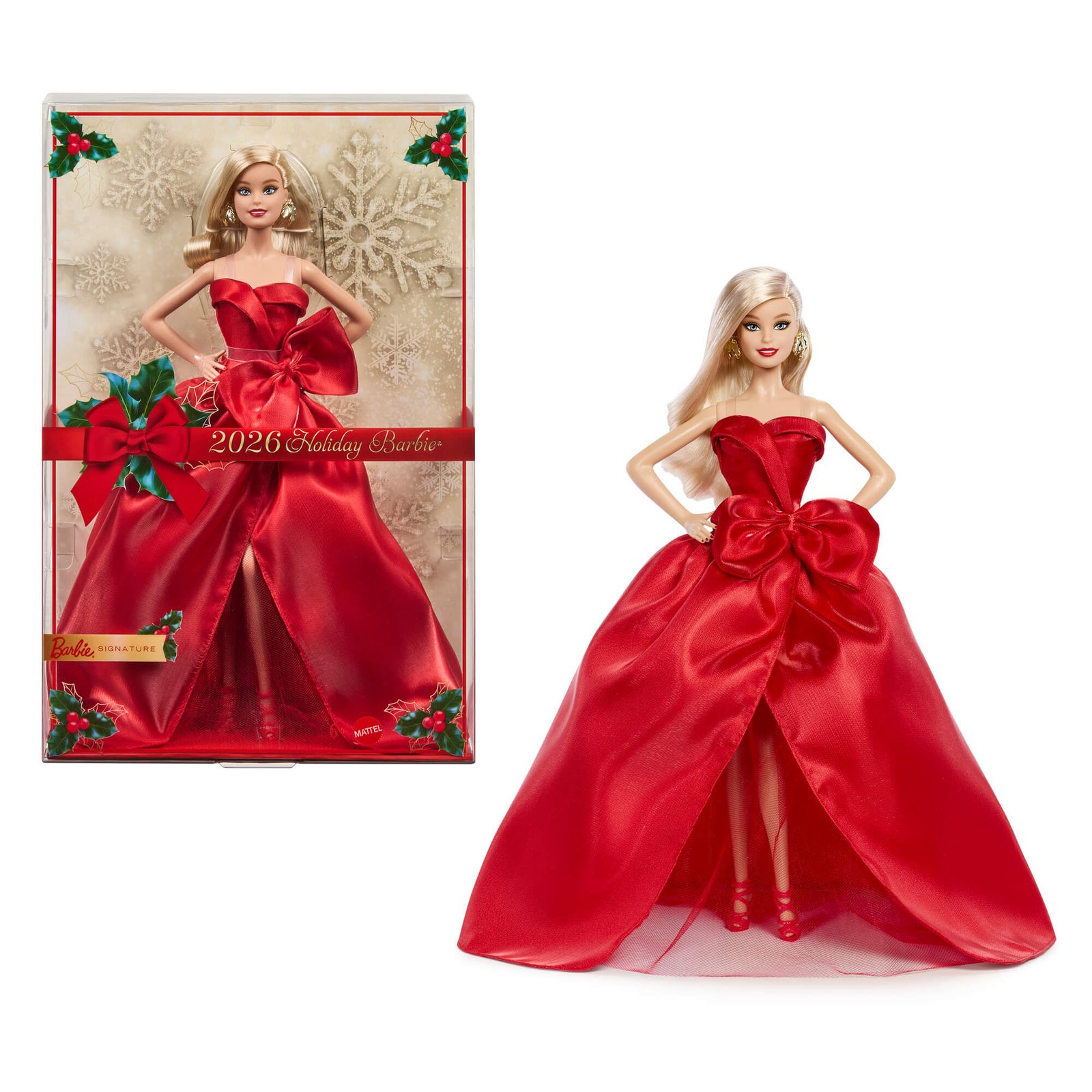 Barbie Holiday lėlė 2026 – šventinė dėžutė ir šviesiaplaukė lėlė raudona suknele su kaspinu