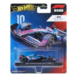 Hot Wheels Pierre Gasly bolidas – Premium kortelė su BWT Alpine #10 modeliu ant stovo