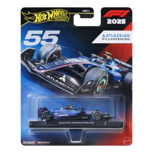 Hot Wheels Carlos Sainz bolidas – mėlyna Premium kortelė su numeriu 55 ir Atlassian Williams Racing ženklu