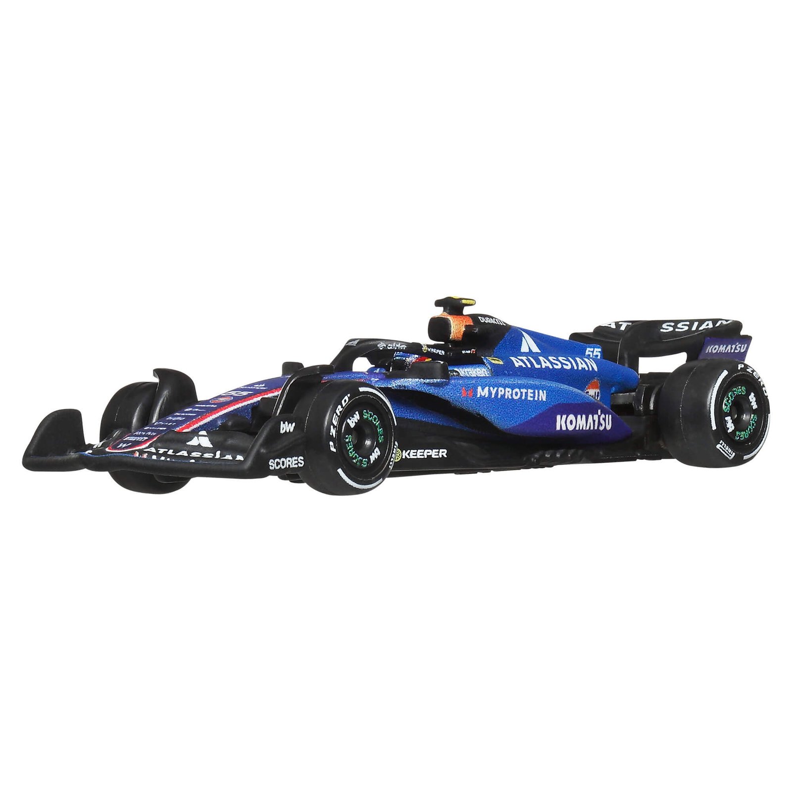Mėlynas Atlassian Williams Racing F1 bolidas #55 – vaizdas iš priekio ir šono
