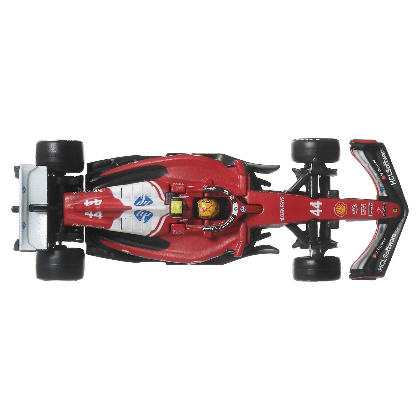Ferrari bolidas #44 iš viršaus – geltonas piloto šalmas kabinoje