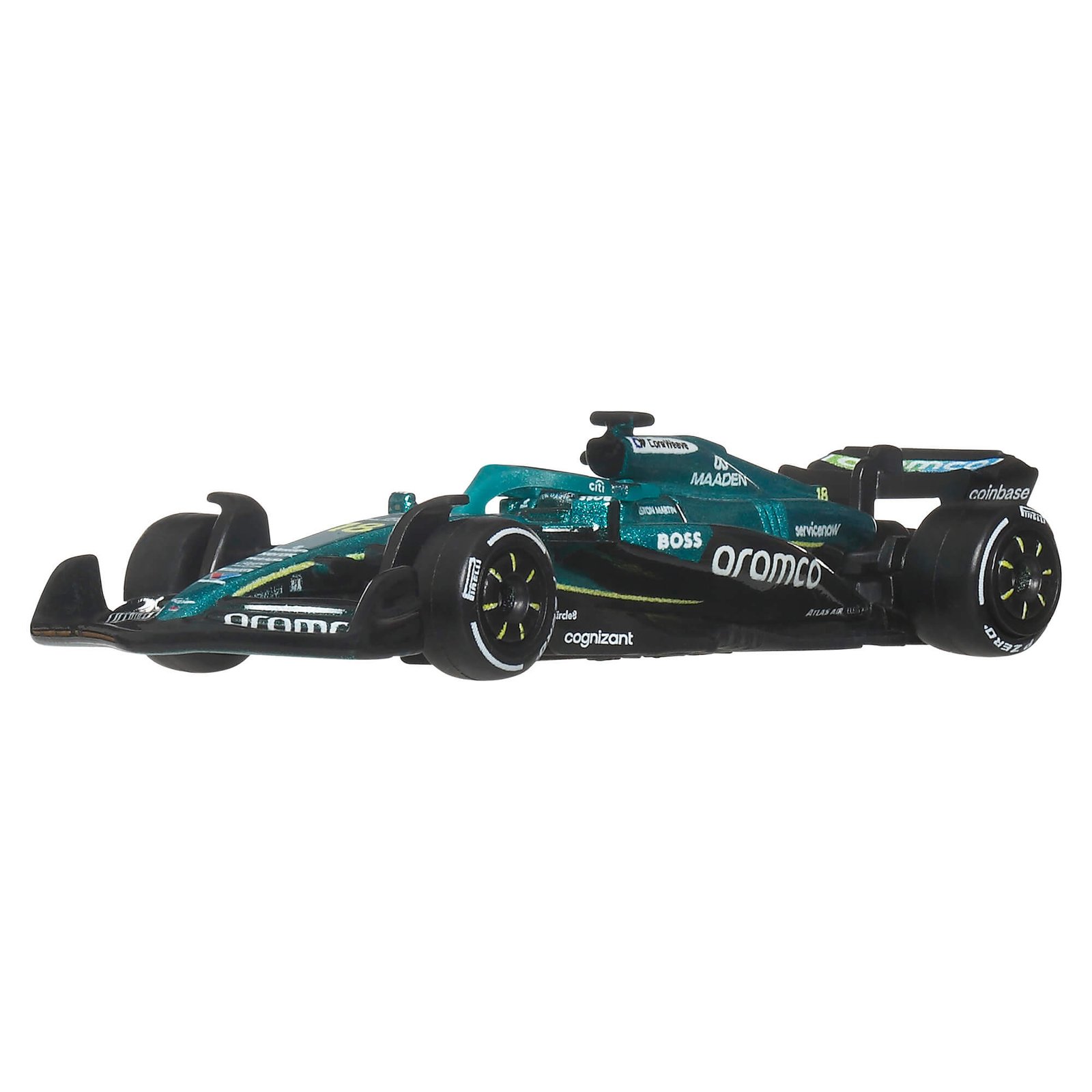 Žalias Aston Martin F1 bolidas su aramco užrašu – vaizdas iš priekio