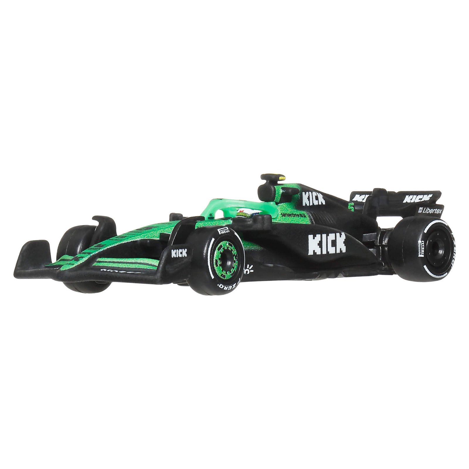 Juodos ir žalios spalvų KICK Sauber F1 bolidas #5 – vaizdas iš priekio ir šono
