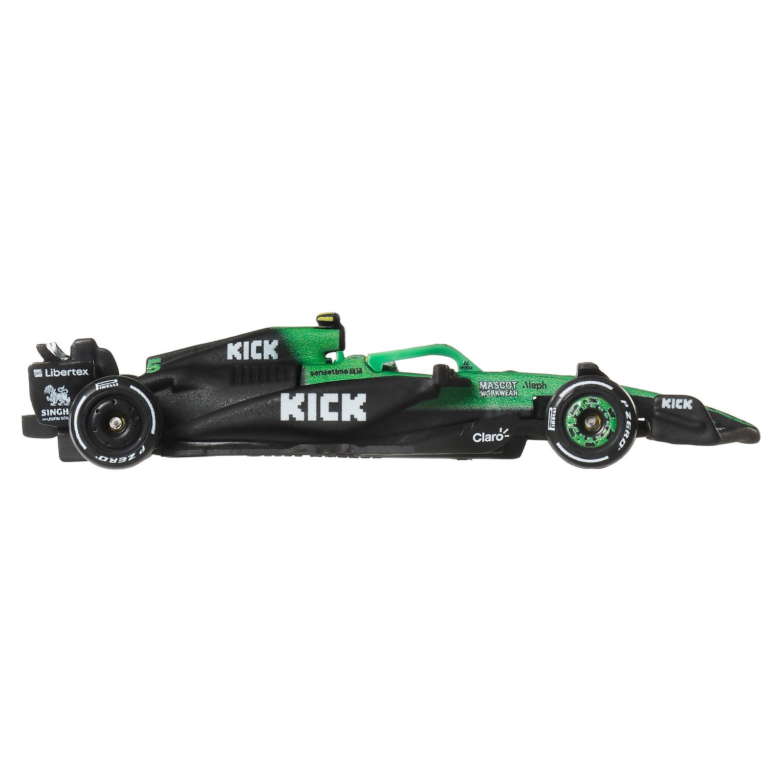 Gabrielio Bortoleto F1 bolido šoninis profilis su KICK užrašais