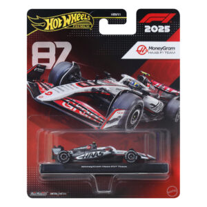 Hot Wheels Oliver Bearman bolidas – Premium kortelė su MoneyGram Haas #87 modeliu ant stovo
