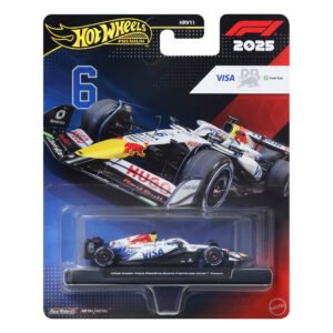 Hot Wheels Isack Hadjar bolidas – Premium pakuotė su numeriu 6, F1 2025 ženklu ir Racing Bulls bolidu ant stovelio