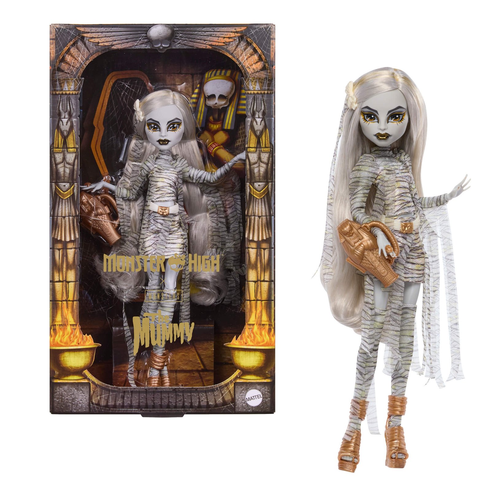 Monster High Skullector mumija – lėlė „The Mummy“ prie egiptietiškos pakuotės