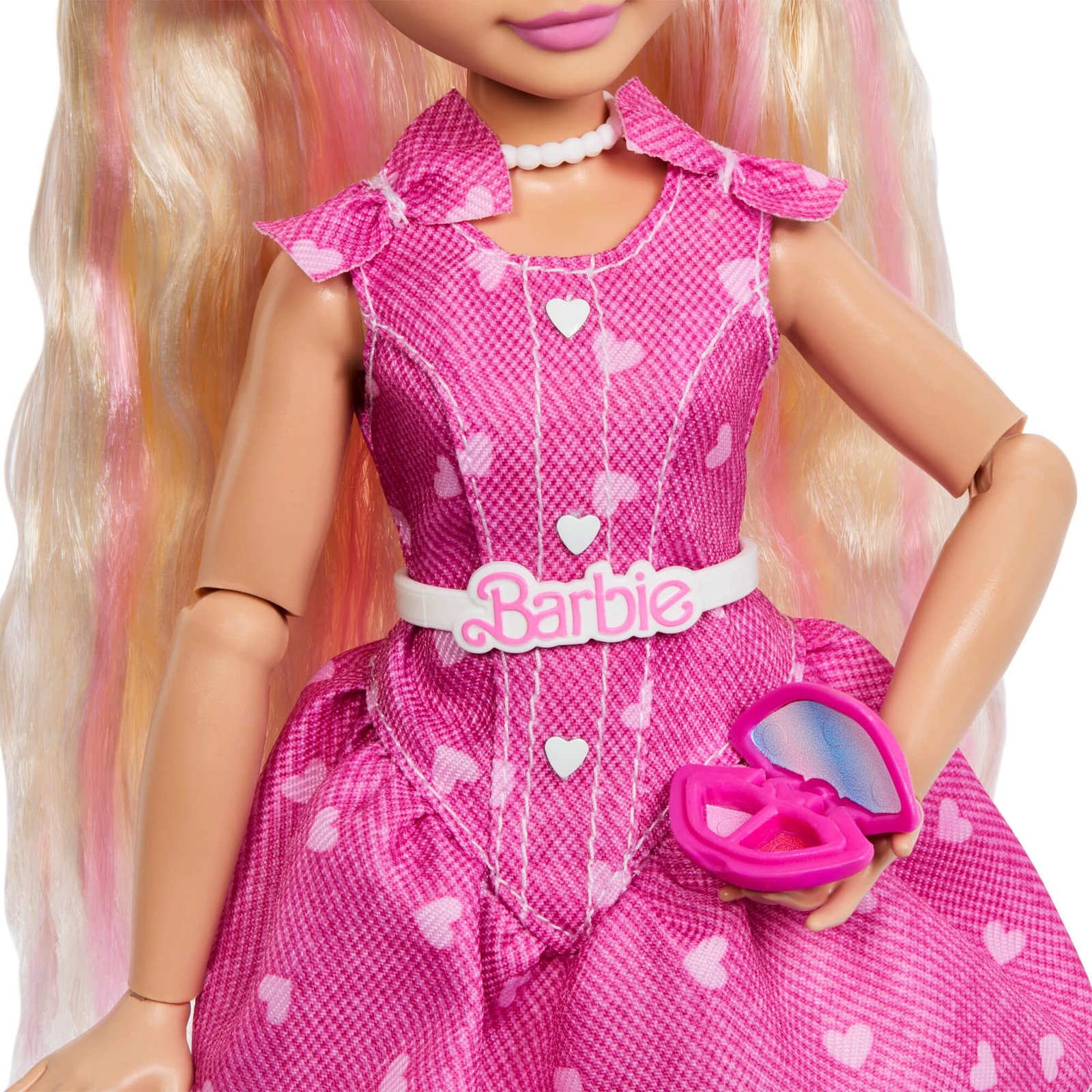 Rožinė širdelių rašto suknelė su „Barbie“ diržu ir širdelės formos pudrine