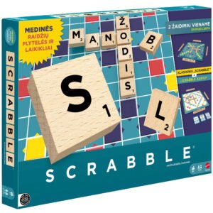 Scrabble lietuvių kalba – dėžutė su užrašu „Medinės raidžių plytelės ir laikikliai“
