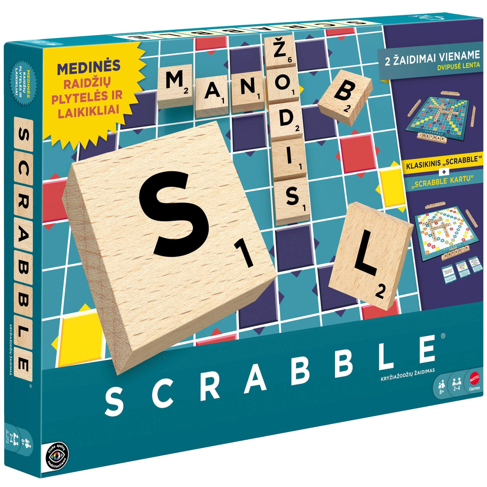 Scrabble lietuvių kalba – dėžutė su užrašu „Medinės raidžių plytelės ir laikikliai“