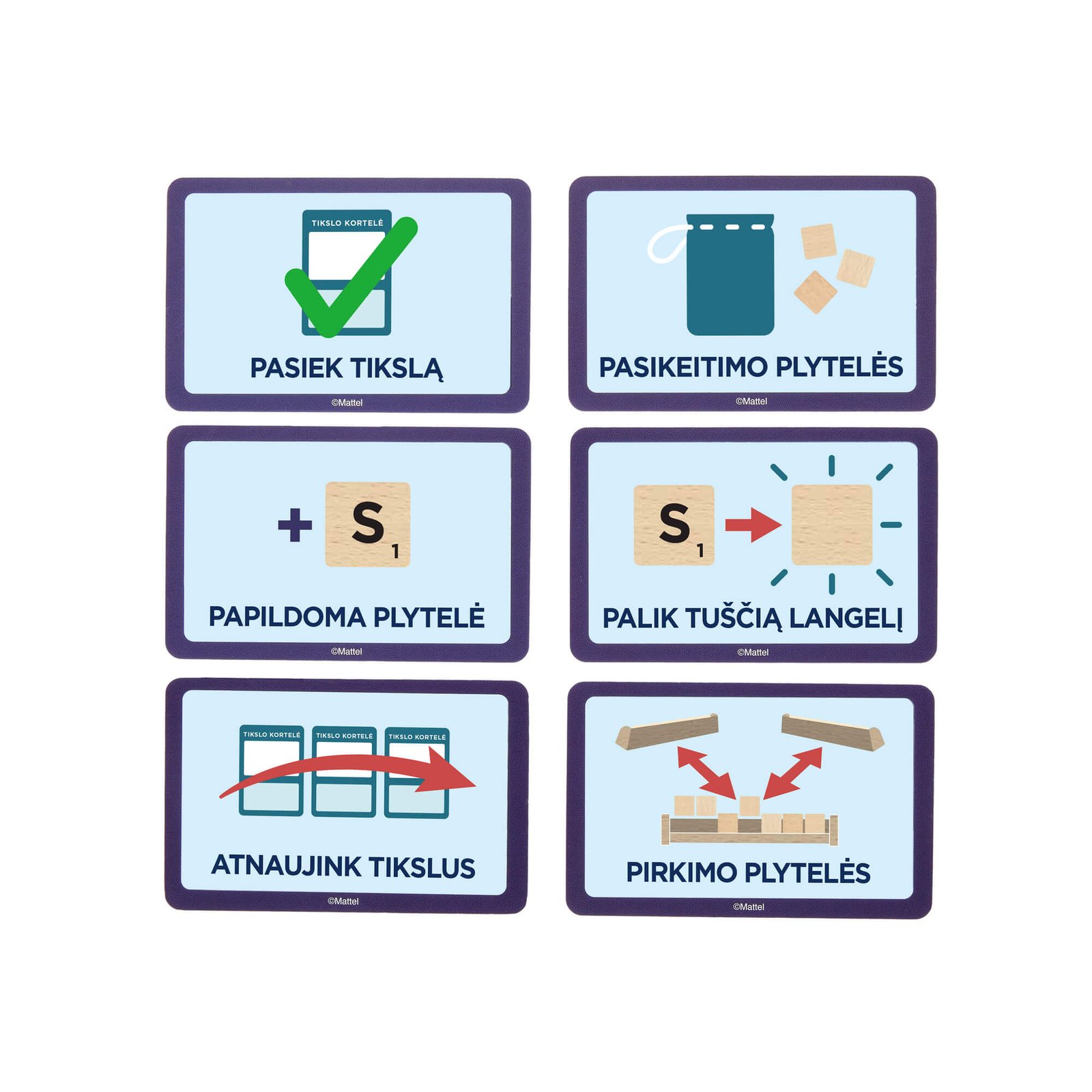 „Scrabble kartu“ simboliai: „Pasiek tikslą“, „Papildoma plytelė“, „Palik tuščią langelį“ ir kiti